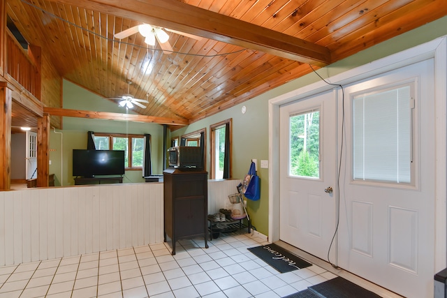 tiled entryway featuring ceiling fan, lofted ceiling with beams, and wooden ceiling