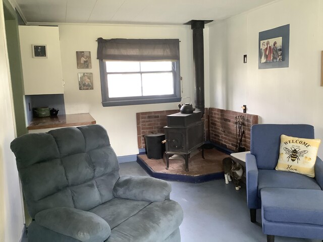 living room featuring concrete flooring and a wood stove