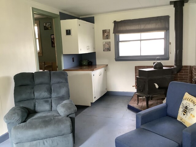 living room with a wood stove