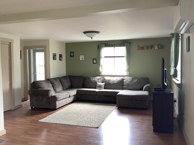 living room featuring plenty of natural light, dark hardwood / wood-style floors, and an AC wall unit