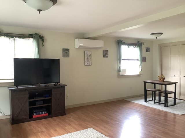 living room featuring light wood-type flooring, a wall mounted AC, and a wealth of natural light