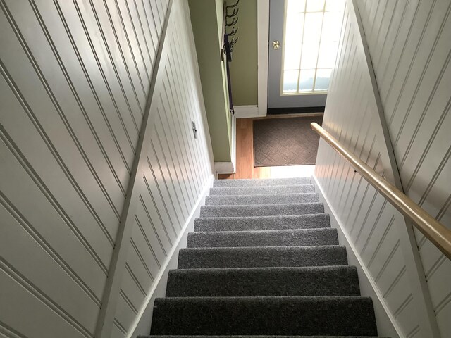 stairway with hardwood / wood-style floors