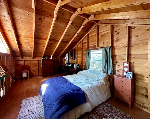 bedroom with wood ceiling, vaulted ceiling with beams, wood walls, and dark hardwood / wood-style flooring