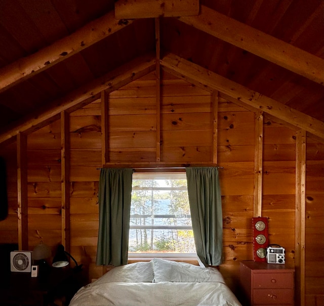 bedroom with wooden ceiling, wood walls, and lofted ceiling with beams