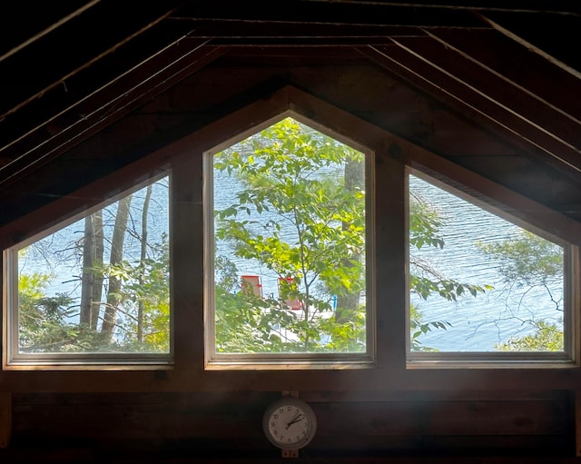 details featuring wooden walls and a water view