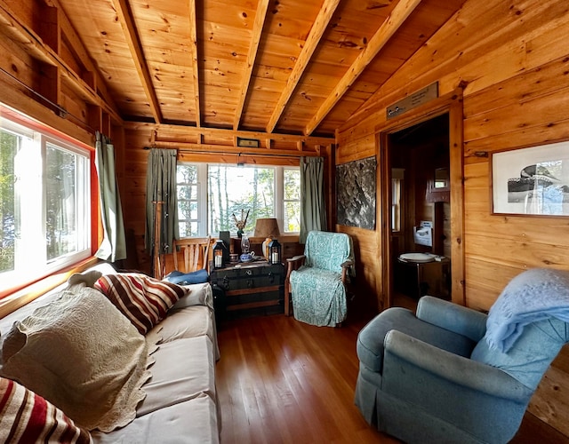 living room with a healthy amount of sunlight, wooden walls, and dark wood-type flooring