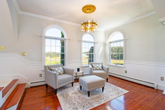 sitting room featuring a baseboard heating unit, plenty of natural light, and dark hardwood / wood-style flooring