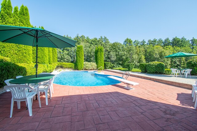 view of pool with a diving board and a patio area