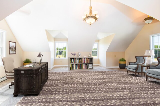 living area featuring light colored carpet, vaulted ceiling, and a healthy amount of sunlight