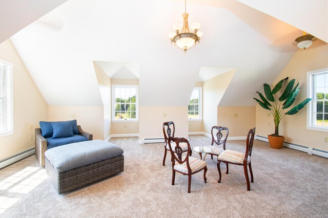 carpeted dining space featuring a wealth of natural light, a notable chandelier, and lofted ceiling