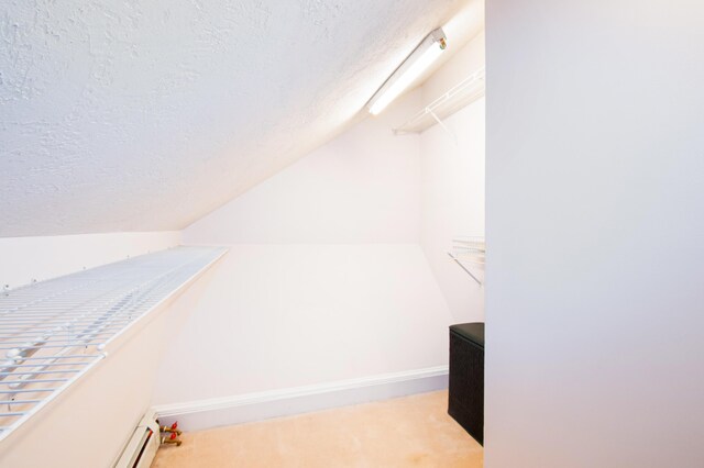 spacious closet with carpet flooring, baseboard heating, and vaulted ceiling