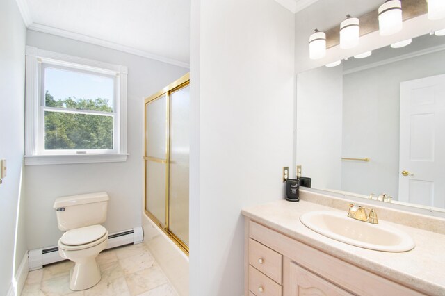 full bathroom with toilet, baseboard heating, vanity, bath / shower combo with glass door, and ornamental molding