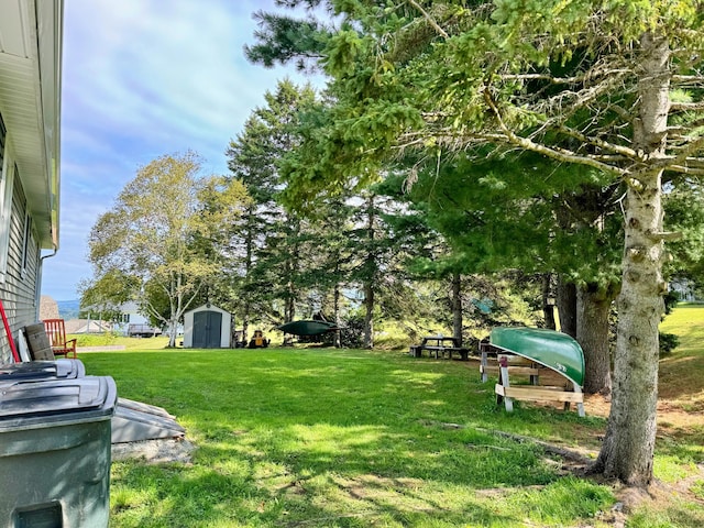 view of yard with an outdoor structure and a shed