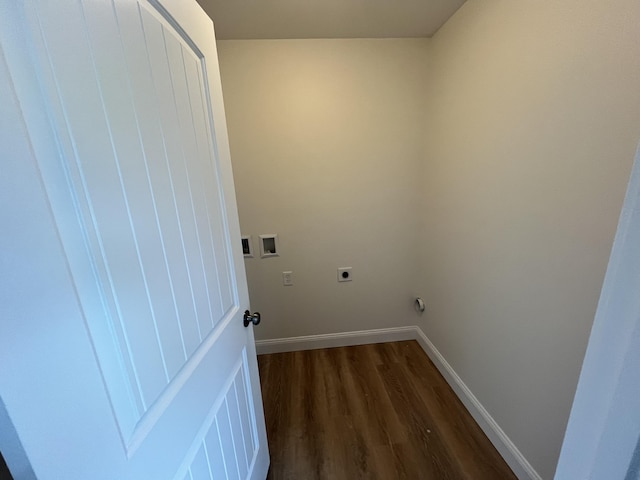 washroom featuring electric dryer hookup, dark wood-style floors, washer hookup, and baseboards