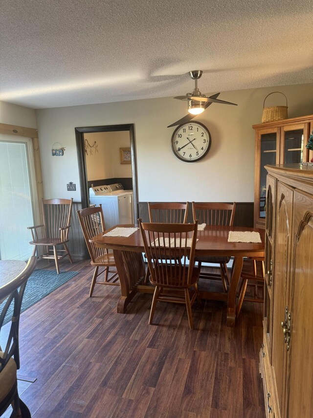 265 Main Rd, Bradford, ME 04410 - dining area featuring washing machine and dryer, a textured ceiling, a ceiling fan, and dark wood-style flooring