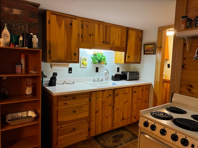 kitchen with dark wood-type flooring, sink, and white electric stove