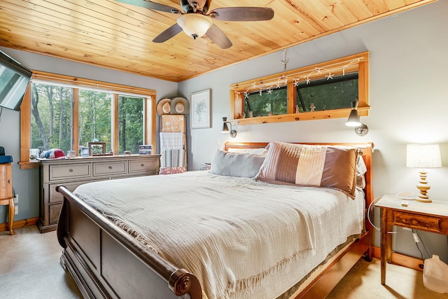 bedroom with ceiling fan, light carpet, and wooden ceiling