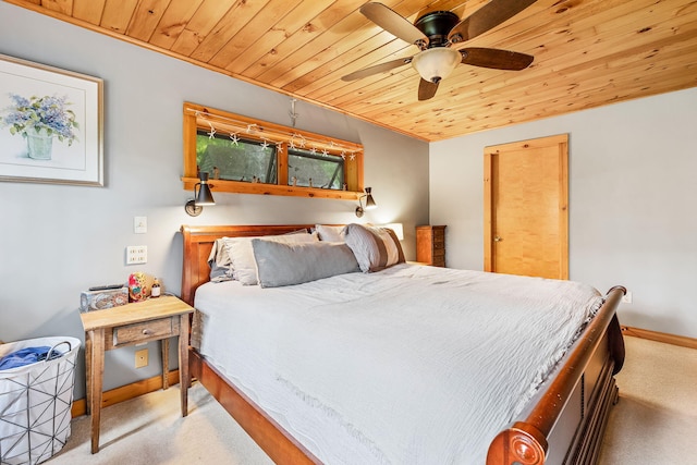 carpeted bedroom featuring wood ceiling and ceiling fan