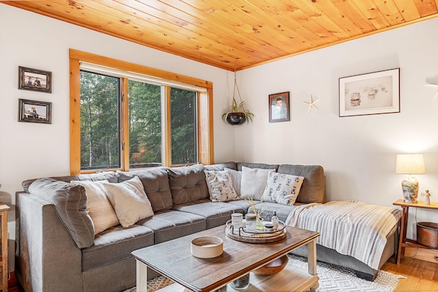 living room with wood ceiling and light hardwood / wood-style floors