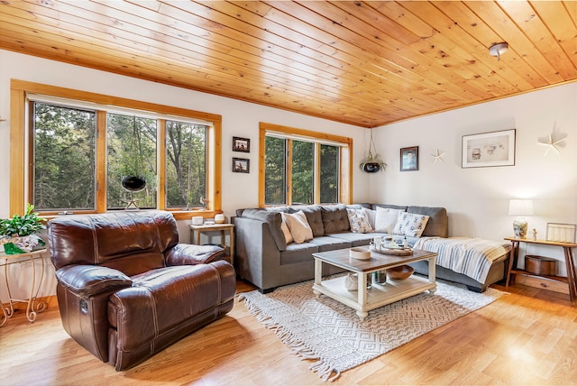 living room with light hardwood / wood-style floors and wooden ceiling