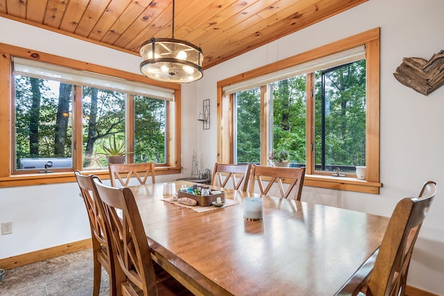 dining area with wooden ceiling and an inviting chandelier