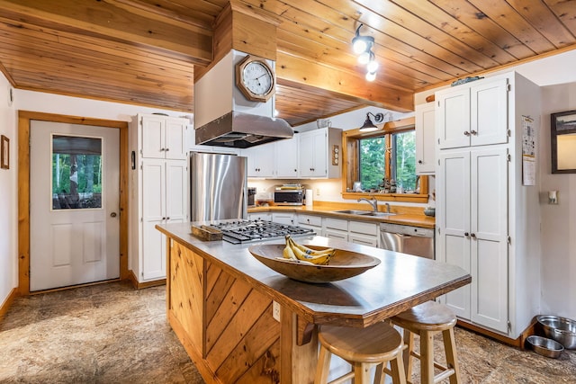 kitchen with extractor fan, wood ceiling, stainless steel appliances, sink, and white cabinetry