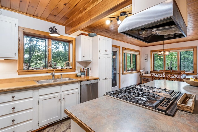 39 Simmons Ln, Friendship, ME 04547 - kitchen featuring white cabinets, range hood, dishwasher, a sink, and wooden ceiling