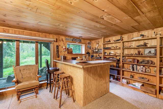 kitchen featuring wood walls, wood ceiling, and carpet floors