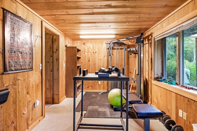 exercise area with wooden ceiling and wooden walls