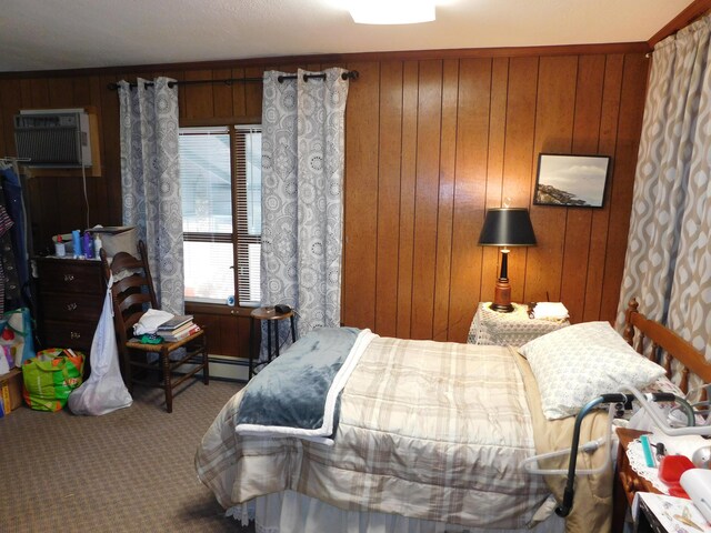 bedroom with wooden walls, carpet, and a wall mounted air conditioner