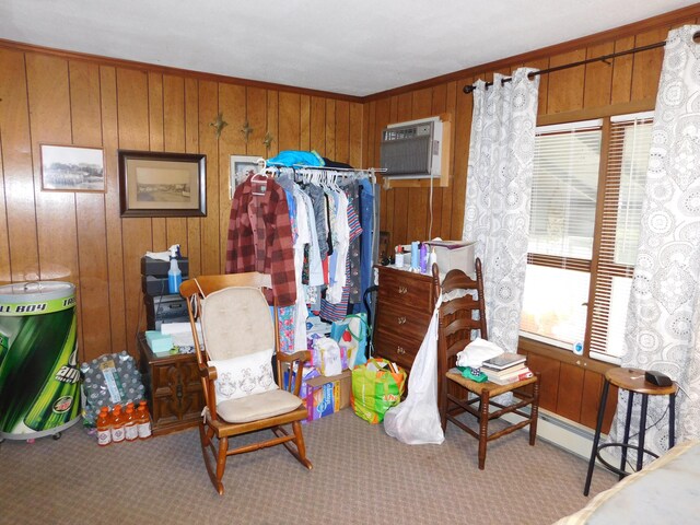 carpeted bedroom featuring wooden walls, crown molding, and an AC wall unit