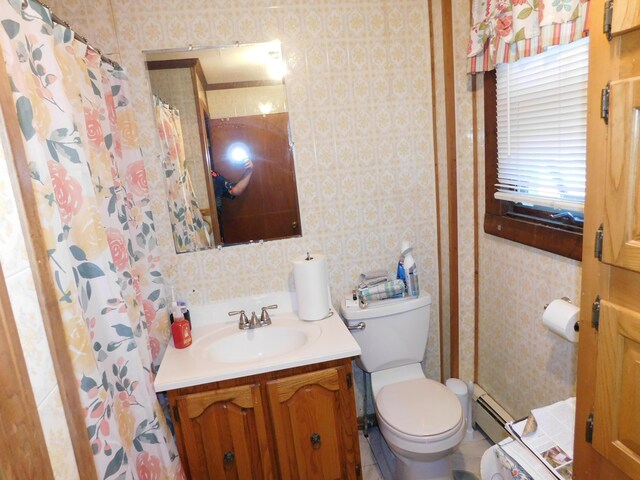 bathroom featuring vanity, a baseboard radiator, walk in shower, tile patterned flooring, and toilet