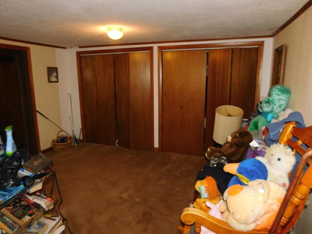 carpeted bedroom featuring a textured ceiling, crown molding, and multiple closets