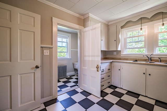 311 Pine St, South Portland, ME 04106 - kitchen featuring radiator, light floors, a sink, white cabinetry, and plenty of natural light