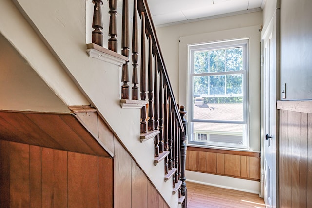 311 Pine St, South Portland, ME 04106 - staircase with wood finished floors and crown molding