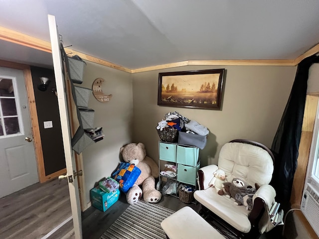 rec room featuring crown molding, lofted ceiling, and hardwood / wood-style floors