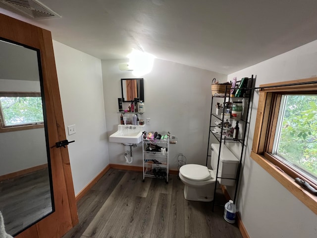 bathroom featuring lofted ceiling, toilet, hardwood / wood-style flooring, and sink