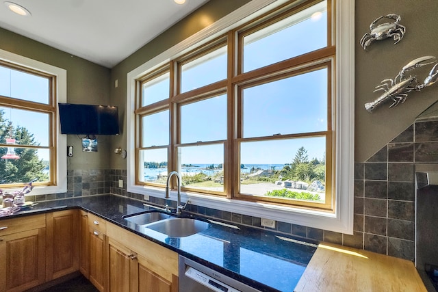 kitchen with a healthy amount of sunlight, dark stone countertops, and sink