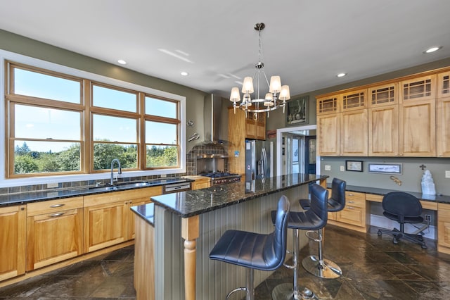 kitchen featuring a kitchen island, wall chimney exhaust hood, glass insert cabinets, range, and stainless steel refrigerator with ice dispenser