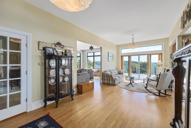living room featuring baseboards, wood finished floors, and a healthy amount of sunlight