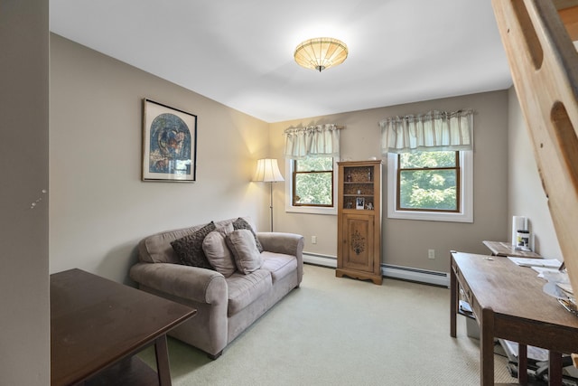 living room featuring a baseboard radiator and light colored carpet