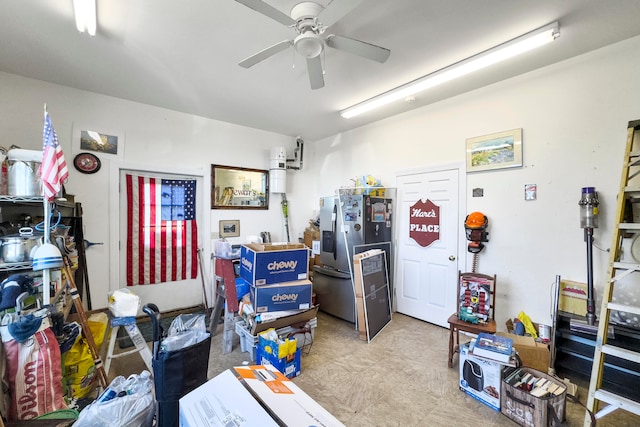 interior space featuring stainless steel refrigerator with ice dispenser and ceiling fan