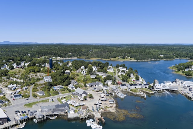 drone / aerial view with a water view and a wooded view