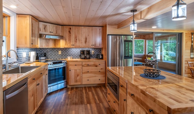 13 S Lucy Way, Greenville, ME 04441 - kitchen featuring wooden counters, a sink, appliances with stainless steel finishes, and decorative backsplash