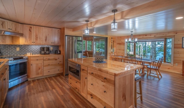 13 S Lucy Way, Greenville, ME 04441 - kitchen with wooden counters, light brown cabinetry, under cabinet range hood, and appliances with stainless steel finishes