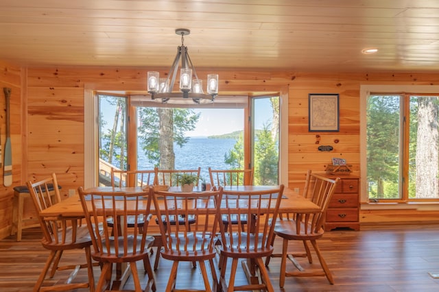 13 S Lucy Way, Greenville, ME 04441 - dining area featuring wood finished floors, a healthy amount of sunlight, a notable chandelier, and wood walls