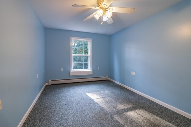 unfurnished room with baseboard heating, carpet flooring, and ceiling fan