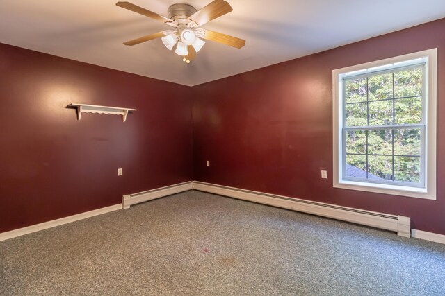 empty room featuring carpet flooring, a baseboard radiator, and ceiling fan