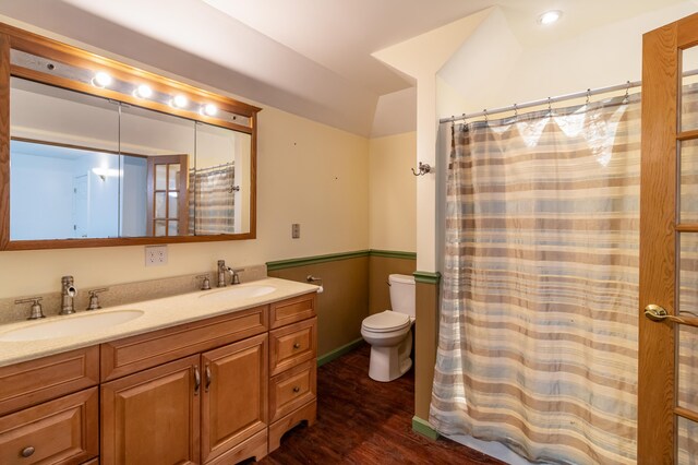 bathroom featuring toilet, hardwood / wood-style floors, and vanity