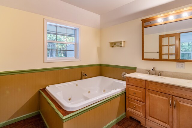 bathroom with vanity, a tub, wood-type flooring, and plenty of natural light